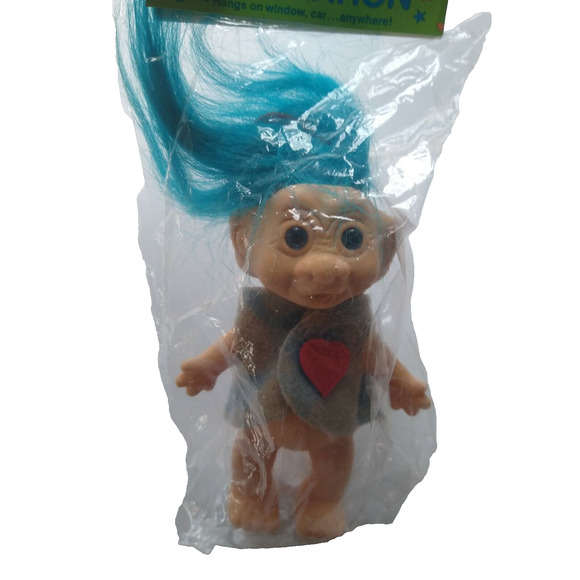 Love Troll Vintage Vinyl Doll Blue Hair Red Heart 1970s Sealed In Bag Window - Picture 2 of 8